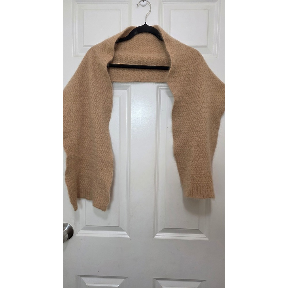 Coach Angora Wool Scarf Wrap Tan Beige Gold Logo Fringe Unisex 14 x 72